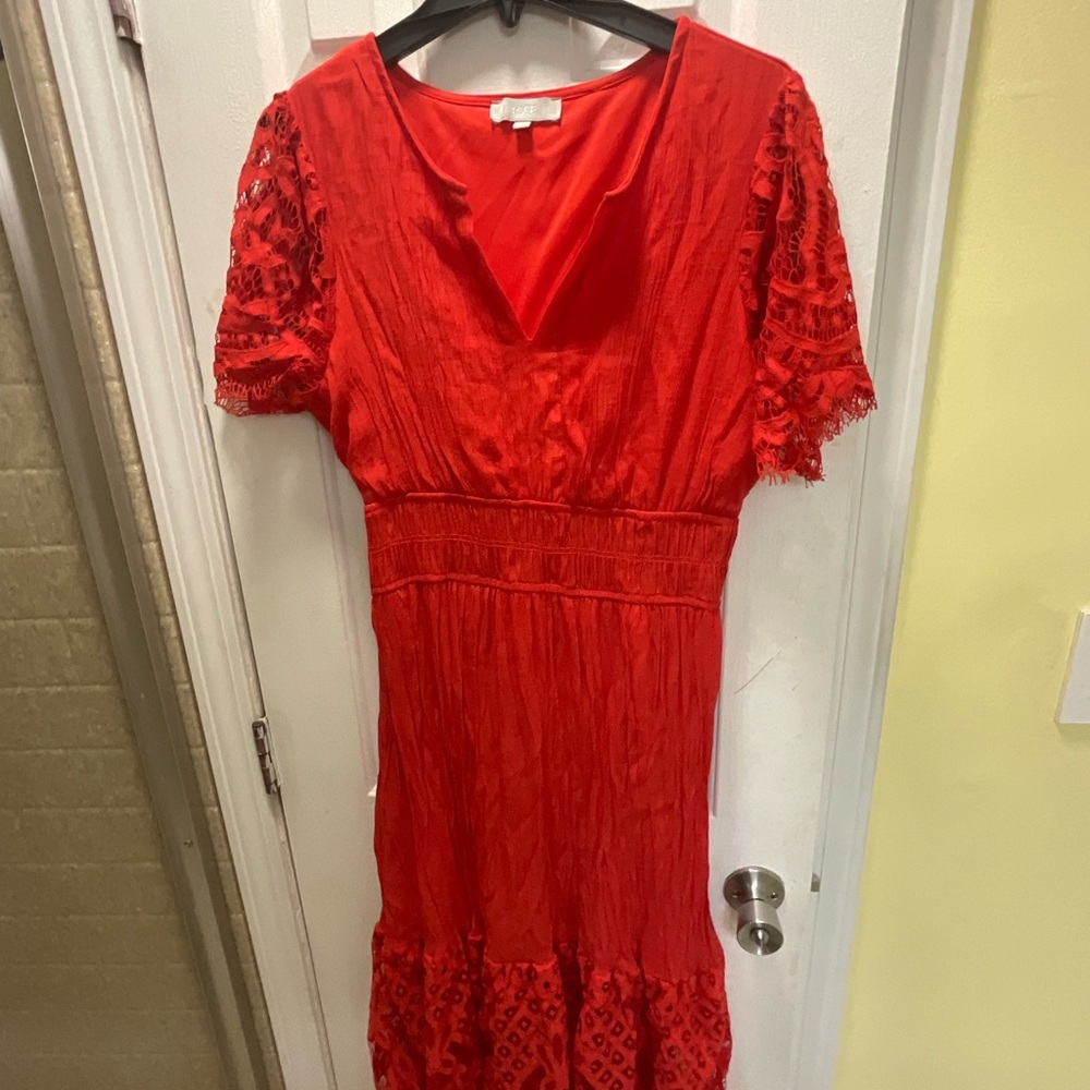 J Gee Red Short Sleeve Lace Midi Dress Size XL